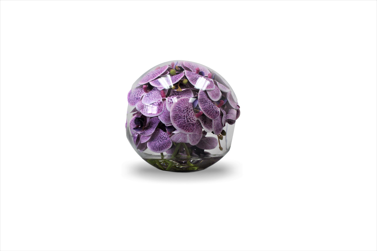 10″ Crosswinds vase with purple orchids