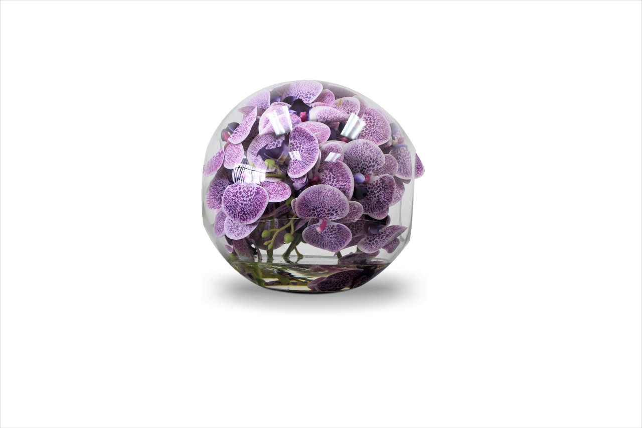 12″ Crosswinds vase with purple orchids