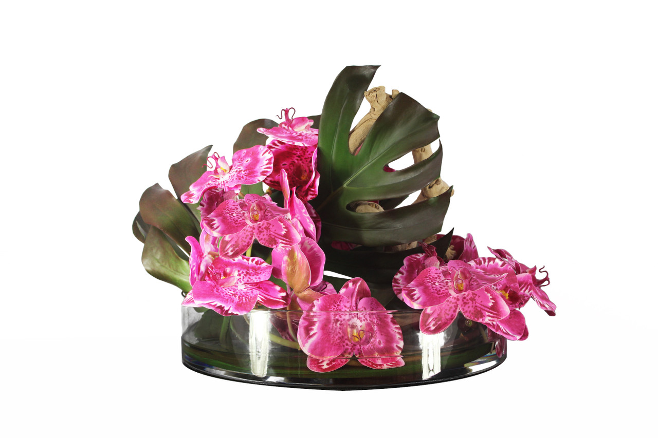 16″ Heritage bowl with Monstera leaf and fuchsia orchids