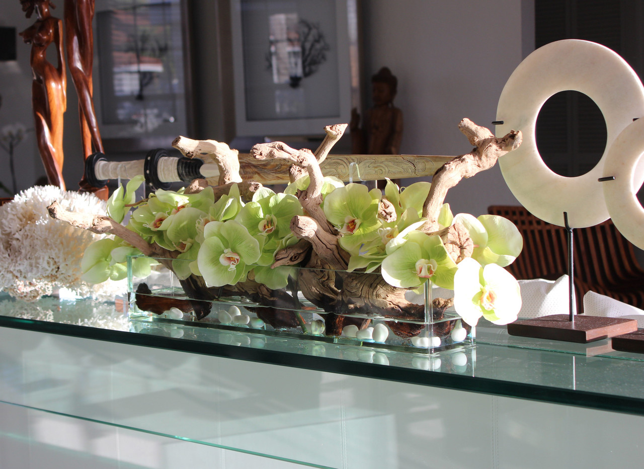 24″ Casa Moderna Glass Plate Planter with green orchids
