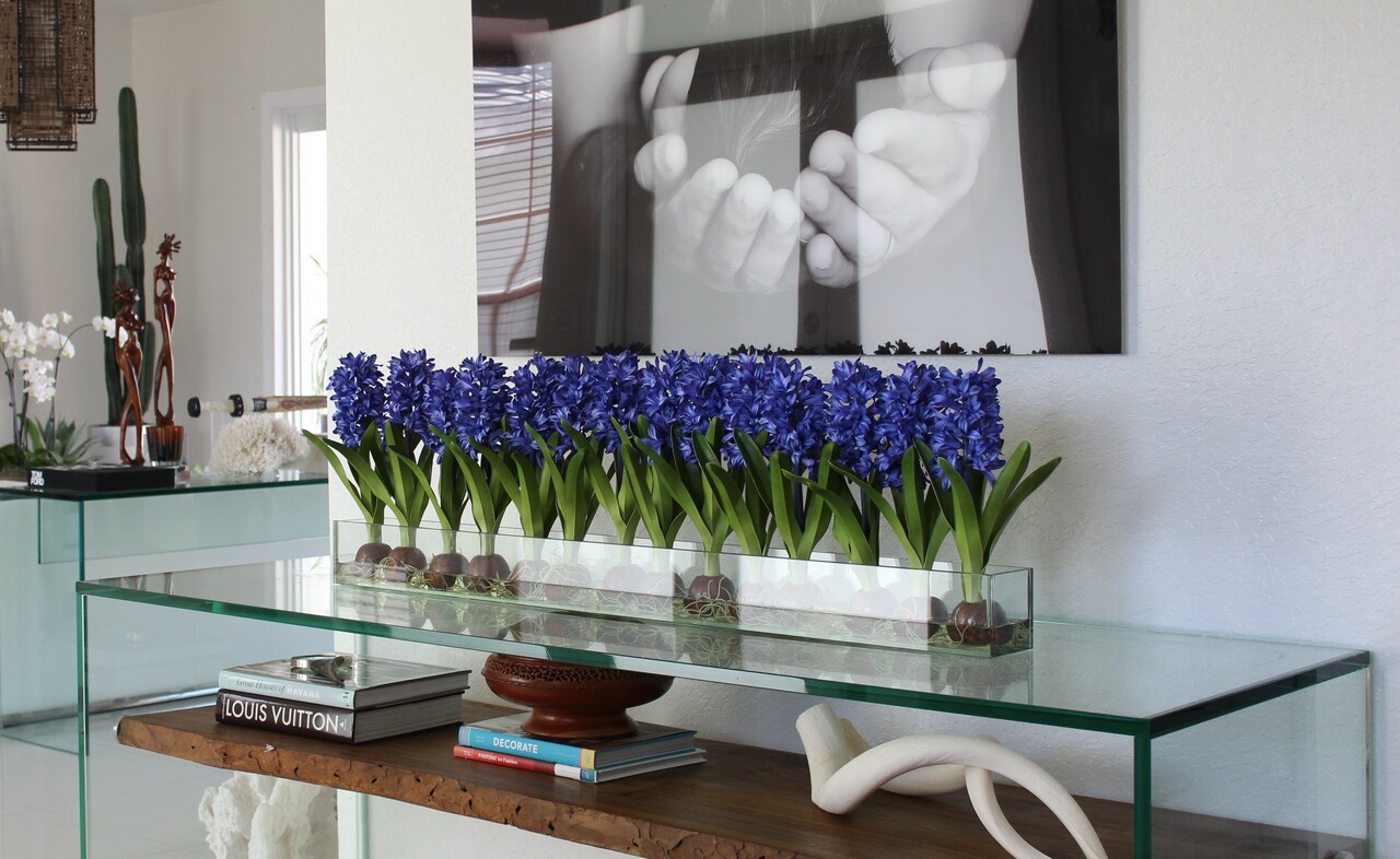 48″ Casa Moderna glass plate planter with blue hyacinths
