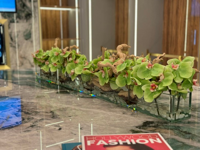 48″ Casa Moderna Glass Plate Planter with green Phalaenopsis orchids