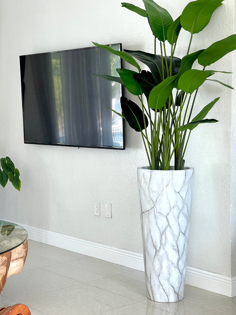 Faux Marble Planter with Bird of Paradise