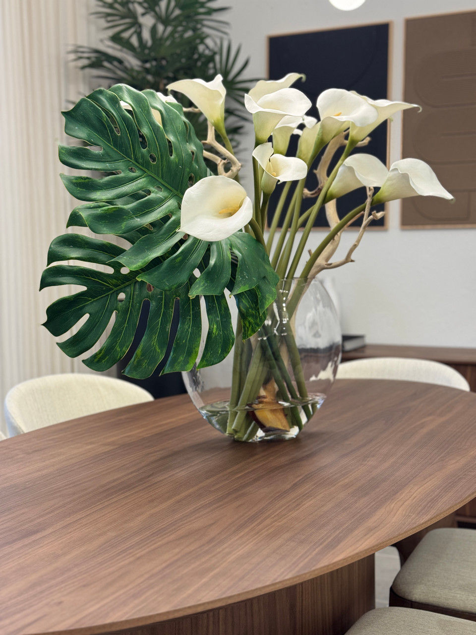 Handblown Moon Vase with Calla Lilies & Monstera Leaves