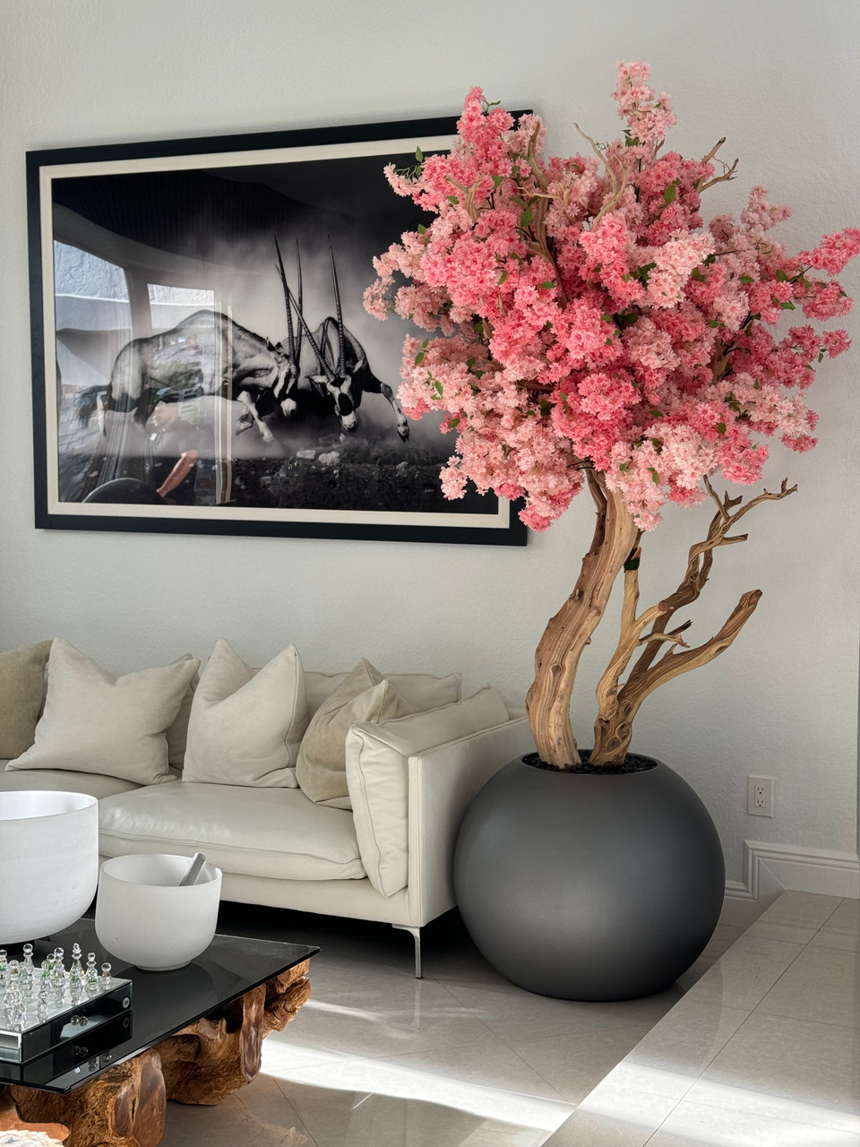 Matte Gun Metal Globe with  Custom Made Two Tone Made Cherry Blossom Tree