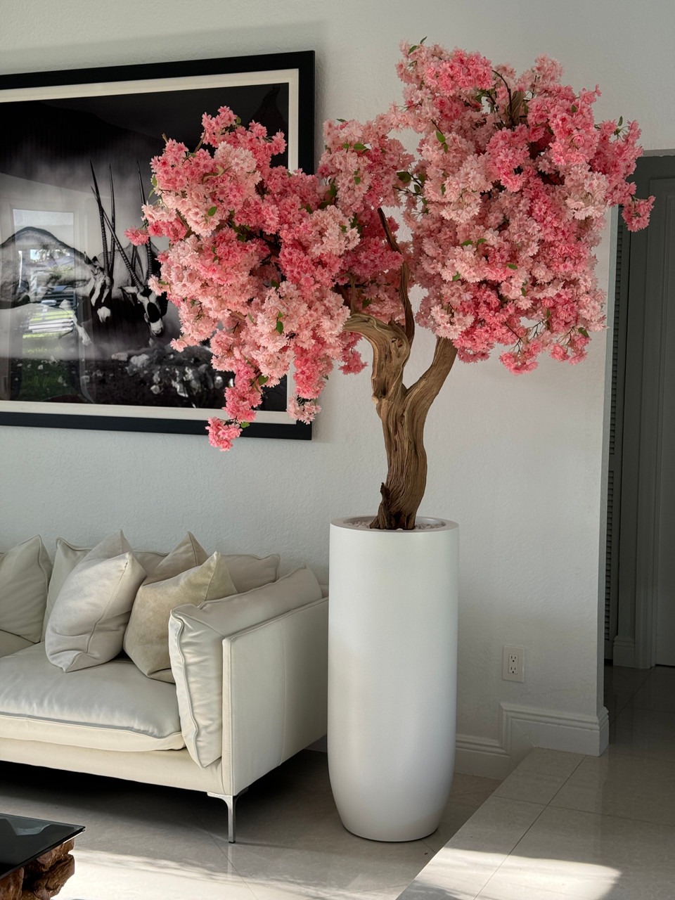 Matte White St. Tropez Planter with Custom Made Pink Cherry Blossom Tree