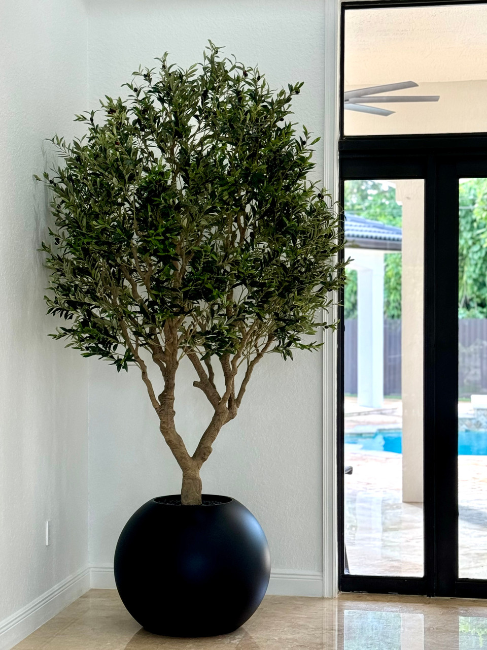 Olive Tree in Matte Black 30″ Globe Planter
