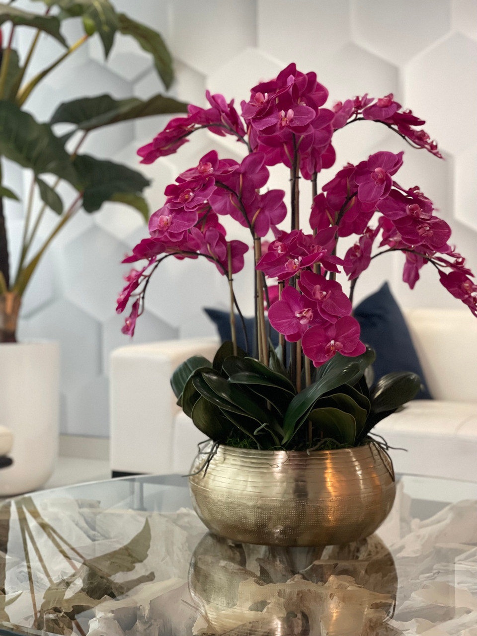 Pink Phalaenopsis Orchids In Gold Metal Bowie Bowl