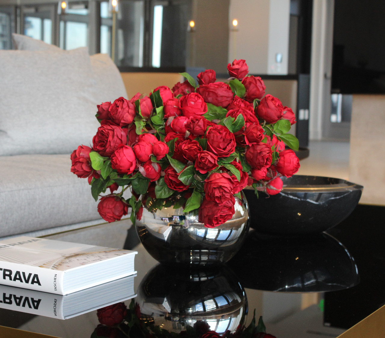 Red English Roses in Mercury Glass Bowl