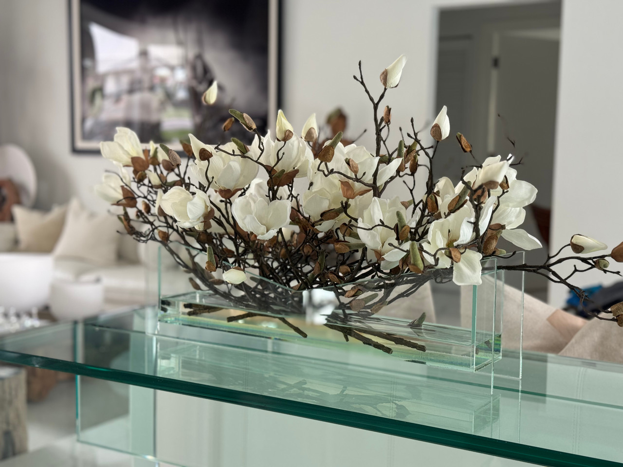Stylish Glass Planter With White Magnolias