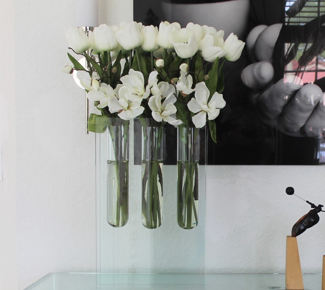 Triple bud vase with white tulips