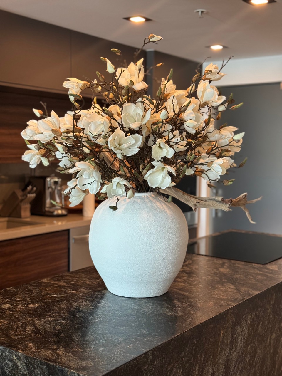 White Konos Vase with White Magnolias