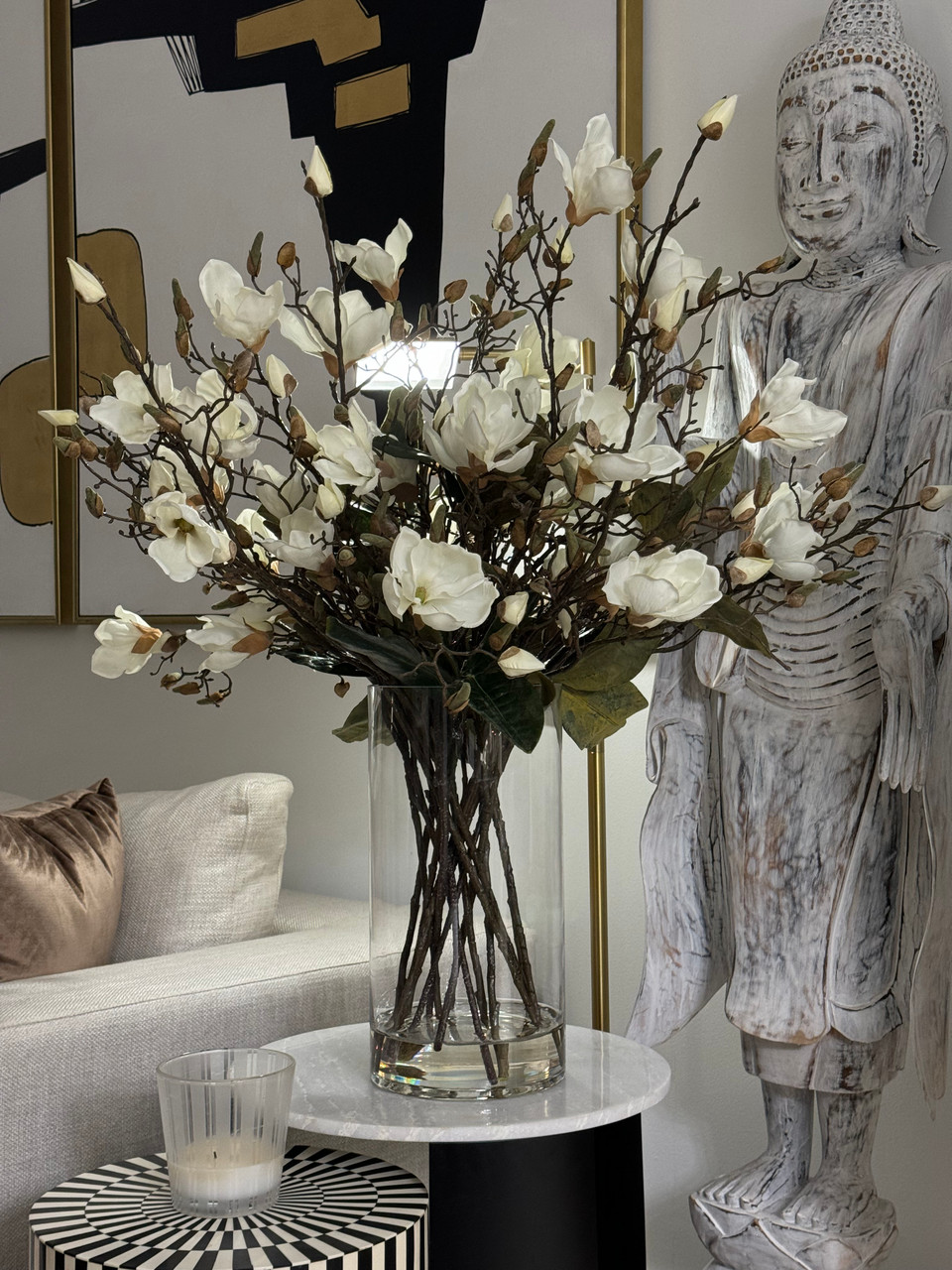 White Magnolias In 16″ Glass Cylinder