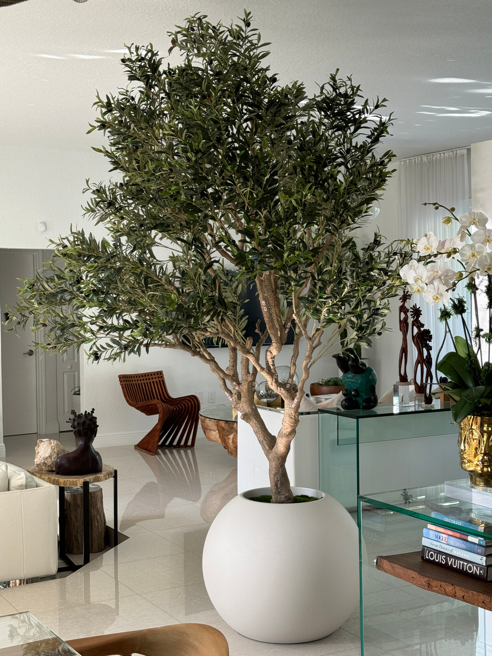 Olive Tree in Matte Beige Globe Planter